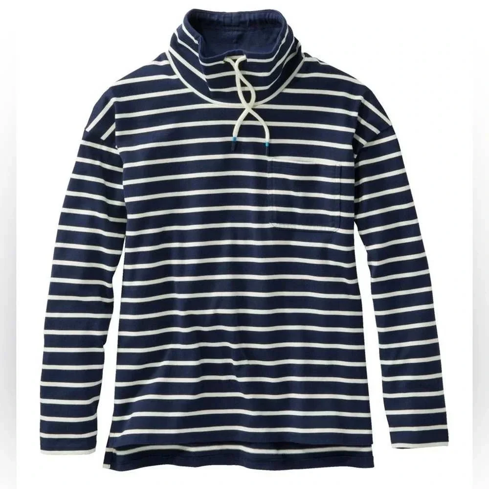L.L.Bean Womens Heritage Mariner Top L Petite Funnel Neck Stripe Cotton Nautical